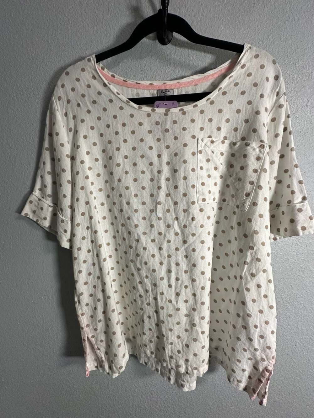 Symple NYC Women's Polka Dot Linen Blend Short Sleeve Blouse with Chest Pocket